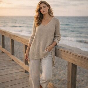 Quinn Womens Beige Knit Sweater Raw Hem Tunic Hi Low Boho Lagenlook Distressed